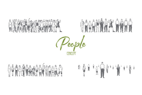 Social groups, students, adult men and women, friends and family, people togetherness banner