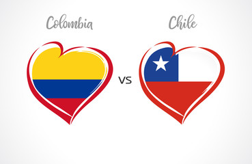 Colombia vs Chile, national team soccer flags on white background. Colombian and Chilean flag in heart, logo vector. Football championship of the competition cup of South America 2019