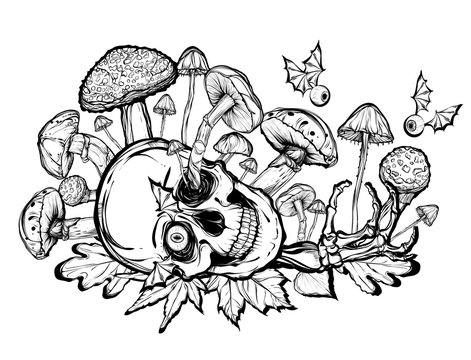Halloween. Vector illustration. Skull, mushrooms, bones, leaves, Handmade, prints on T-shirts, background white, tattoos