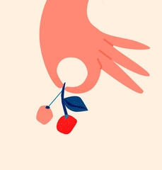 Hand holding a fruit. Hello summer. Concept drawn post card template with bouquet of flovers. Flat vector illustration