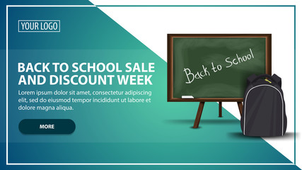 Back to school sale and discount week, discount web banner template for your website in a modern style with school Board and school backpack