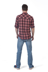 full portrait of a man with plaid shirt on white background