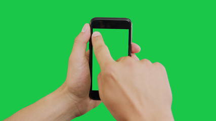 Top Right Click Smartphone Green Screen. Pointing Finger Clicking On Phone Screen with Green Background. Use in any project that depicts finger, gesture, touchscreen and the like.