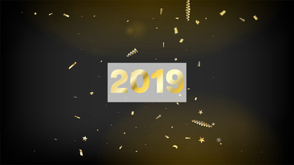 2019 Gold Explosion, Stars, Streamers, Tinsel Burst. Cool Rich VIP Christmas, New Year, Birthday Party Holiday Border. Horizontal Shiny Explosion Background. Gold Explosion, Streamers Burst.