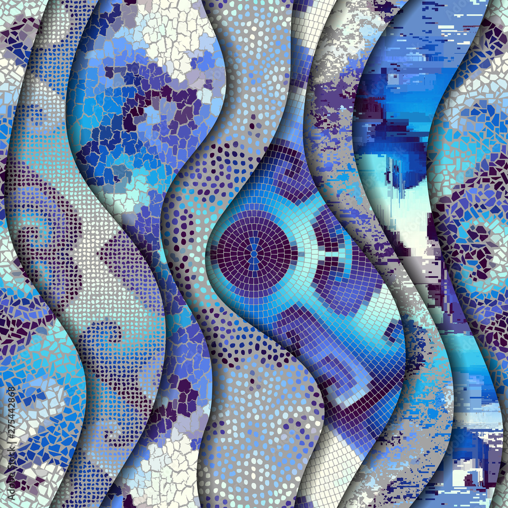 Poster carved waves of ornamental mosaic tile patterns. different mosaic textures. vector image.