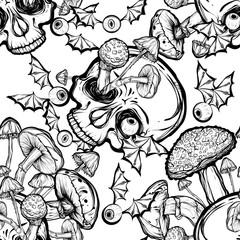 Halloween.Vector illustration.Skull,mushrooms.Handmade,prints on T-shirts, background white.tattoos. seamless pattern