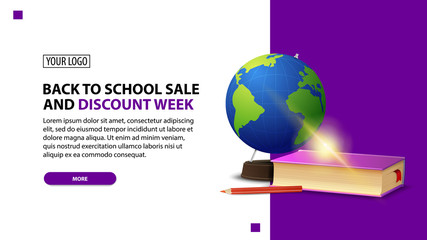 Back to school sale and discount week, discount white minimalist web banner template for your website with globe and school textbooks