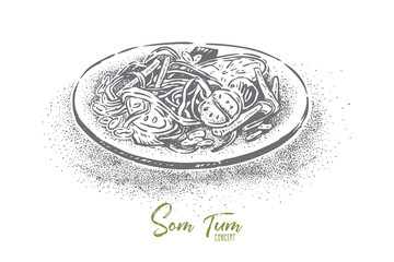 Exotic cooing, traditional thai spicy salad with green papaya, som tam, gourmet meal, vegetable dish