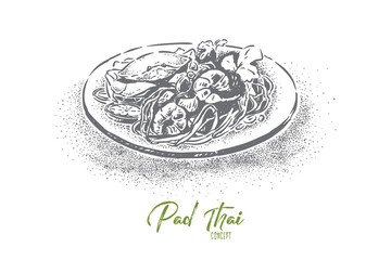 Pad thai, national asian dish, tasty fried rice noodles with fragrant sauce and seafood, oriental cuisine