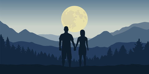 couple looks to the full moon in blue mountain and forest landscape at night vector illustration EPS10