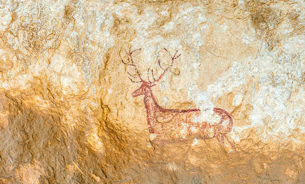 Spain, autonomous community of Aragon, Sierra y Ca&ntilde;ones de Guara natural park, deer hidden in Chimiacas into the cliffs of the Rio Vero Canyon (between 12 000 and 5000 BC, levantines style) (UNESCO World Heritage for the paintings in rock sites)