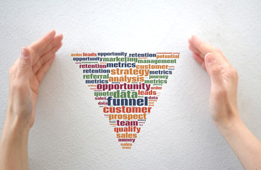 Sales funnel word cloud enclosed between female hands, concepts of digital marketing and sales pipeline