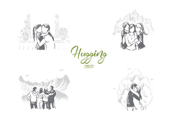 Fototapeta na wymiar Mother and daughter, girlfriends, people on hiking trip and young couple hugging, friendship banner