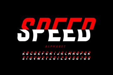 Speedy style font design, alphabet letters and numbers
