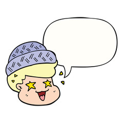 cartoon boy wearing hat and speech bubble