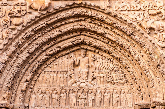 Spain, Autonomous community  Navarre, province of Sanguesa, sculpted spandrel of the church of Santa Maria la Real (12th century) (Saint James way)
