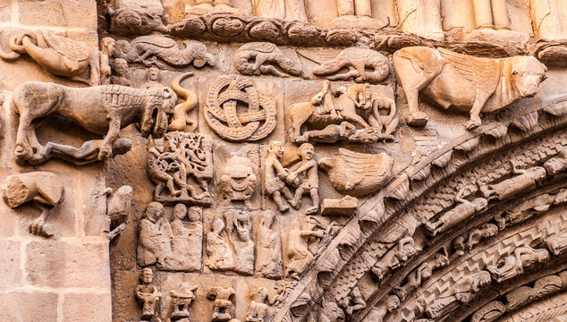 Spain, Autonomous community  Navarre, province of Sanguesa, detailed view of the scuplted porch of the church of Santa Maria la Real (12th century) (Saint James way)