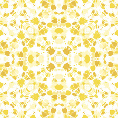 Bright Yellow Monochrome Tie-Dye Shibori Sunburst Kaleidoscope Mirrored Mandala Vector Seamless Pattern