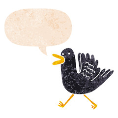 cartoon duck running and speech bubble in retro textured style