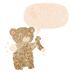 cartoon teddy bear with torn arm and speech bubble in retro textured style