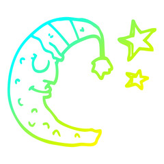 cold gradient line drawing cartoon moon with sleeping cap