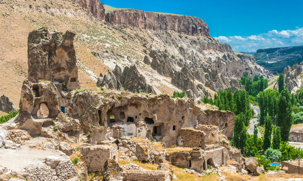 Turkey, Goreme National park and the rock sites of Cappadocia, abandonned troglodyte village of the Soganli valley close to Urgup (UNESCO World Heritage)
