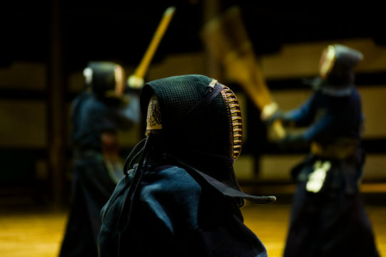 Kendo training with bamboo sticks at Butokuden venue, Kyoto, Japan