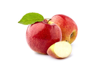 Red apples  with leaf  on white background