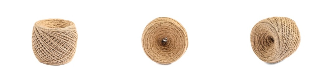 Set of spool of hemp rope on white background