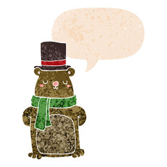 cartoon bear and speech bubble in retro textured style