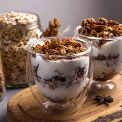 Homemade granola with nuts and dried fruit and chocolate for breakfast