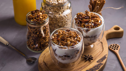 Homemade granola with nuts and dried fruit and chocolate for breakfast