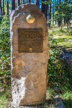 Spain, Pyrenees, Autonomous community of Aragon, between the old and the new monastery of San Juan de la Pena, stele in honour of Saint James way