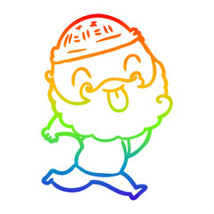 rainbow gradient line drawing running man with beard sticking out tongue