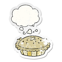 cartoon pie and thought bubble as a distressed worn sticker
