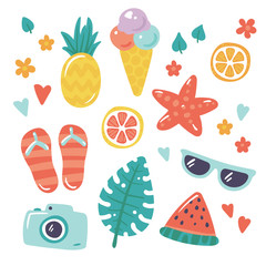 Vector hand-drawn summer icon set. Ice-cream, starfish, sunglasses, camera, photo, lemon, flower, pineapple, shell, watermelon, flip flops. Design flat elements for event, beach holiday and tourism