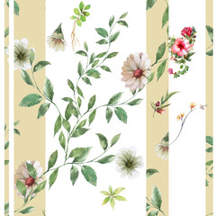 Watercolor painting of leaf and flowers, seamless pattern on white background