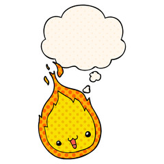 cute cartoon flame and thought bubble in comic book style