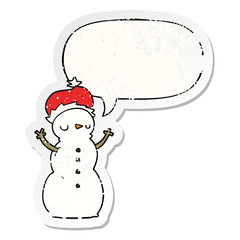 cartoon snowman and speech bubble distressed sticker