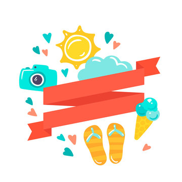 Vector flat summer banner with ribbon. Poster with flat icons for summer holiday advertising. Cute cartoon illustration. Sun, beach sneakers, cloud, photocamera, icecream and hearts
