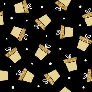 Vector black and gold seamless gift pattern. Giveaway holidays repeated pattern, present boxes illustration. Print for fabric, textile, wrapping paper