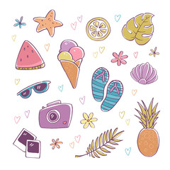 Vector hand-drawn summer icon set. Ice-cream, starfish, sunglasses, camera, photo, lemon, flower, pineapple, shell, watermelon, flip flops. Design flat elements for event, beach holiday and tourism