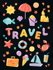 Travel vector colorful icons on black. Set for beach holiday and sea vacation. Consist of sun, umbrella, sand castle, starfish, fish, lifebuoy, lemon, crab, travel case, icecream, cocktail, boat.