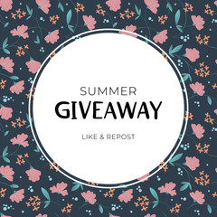 Giveaway summer floral vector frame template. Illustration with green leaves and pink flowers on dark background. Banner of giving present for like or repost advertising in social network.