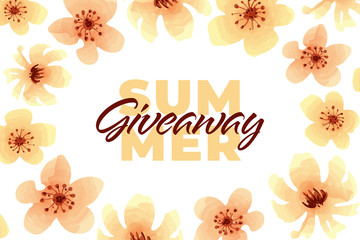 Vector flower summer giveaway illustration for promotion in social network with lettering font and watercolor blossom. Advertising of giving present fo like or repost. Decoration banner for business.