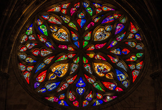 France, New Aquitaine, Bordeaux, rose window of the Cathedral Saint-Andre (UNESCO World Heritage) (Saint James way)