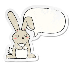 cartoon rabbit and speech bubble distressed sticker