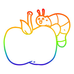 rainbow gradient line drawing cartoon apple and bug