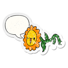 cartoon flower and speech bubble distressed sticker