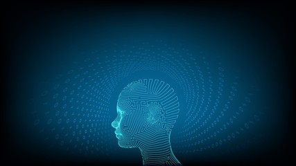 Obraz premium AI. Artificial intelligence concept. Ai digital brain. Abstract digital human face. Human head in robot digital computer interpretation. Robotics concept. Wireframe head concept. Vector illustration.